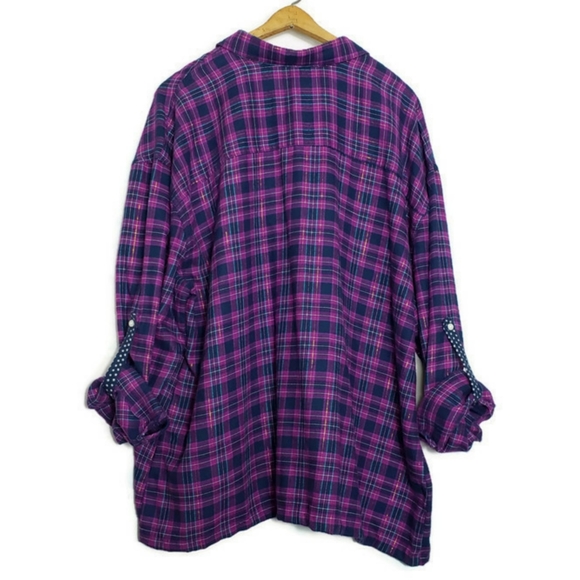 Plaid Flannel Button Up Top Roll Tab Sleeves XXL - Picture 2 of 8